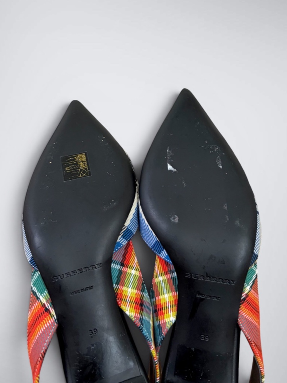 Burberry Mixed Tartan Plaid Slingback Pumps | Pointed Toe Kitten Heels - Picture 7 of 8